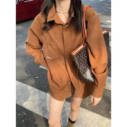 QWEEK Vintage Corduroy Shirts Korean Style Casual Youth Women's Blouse Harajuku Japanese Solid Color Long Sleeve Outerwears