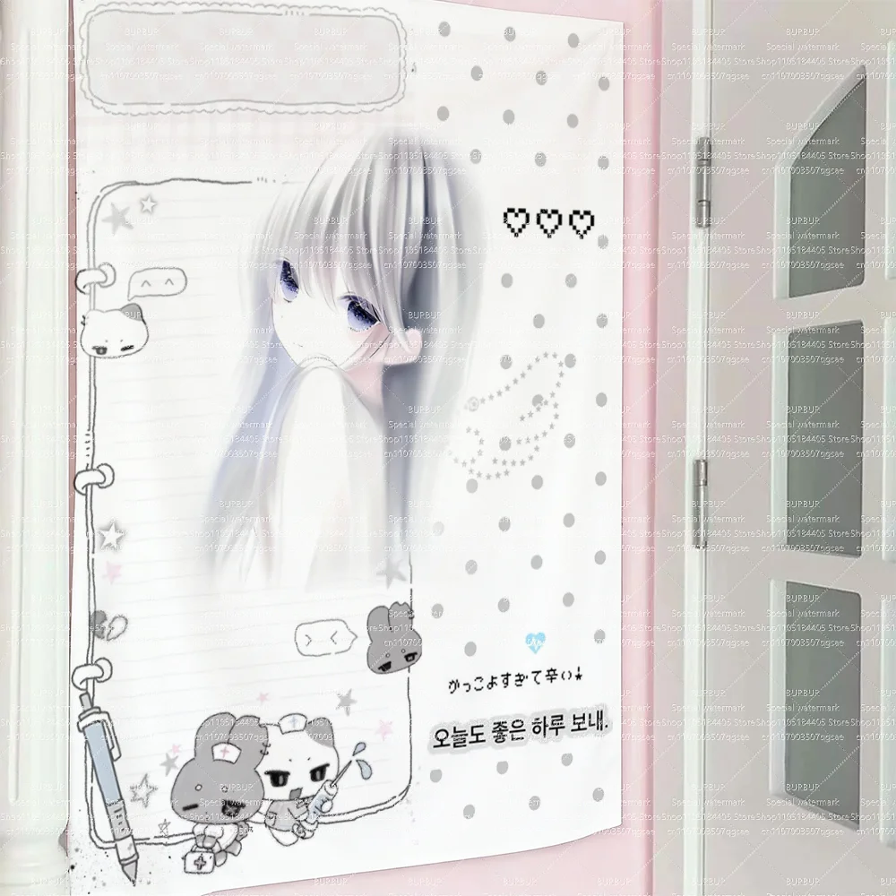 Kawaiii Original Wandteppich im koreanischen Stil mit Mädchenillustrationen für die Innendekoration