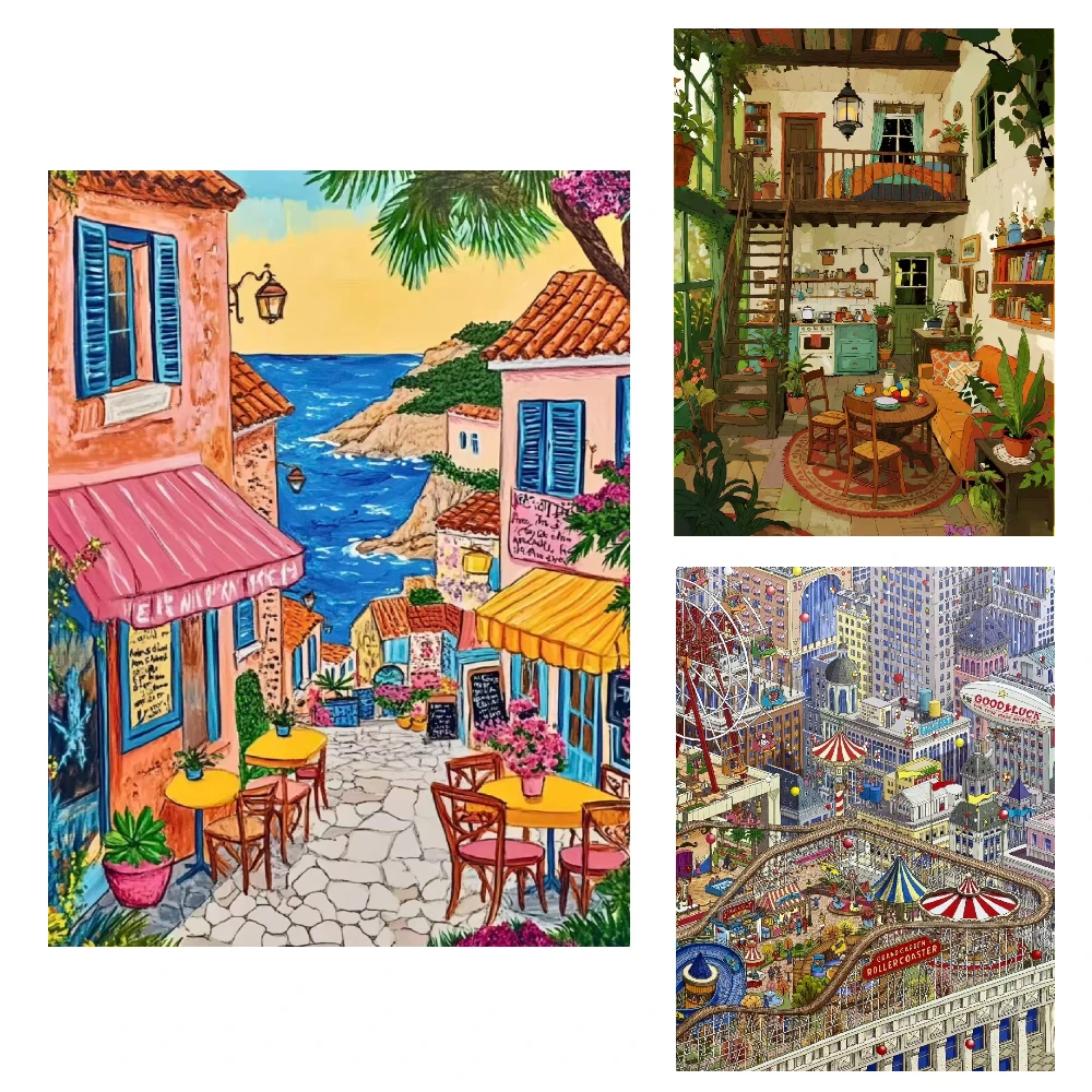 

500/1000/1200/2000PCS Jigsaw Puzzles Scenery Shops Streets Family Activity Games for Gameroom Bedroom Home Decor Gift