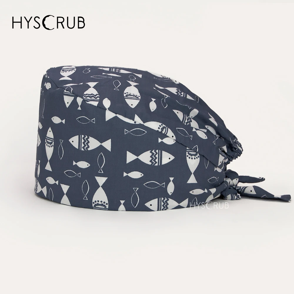 Fish pattern printed operating room work cap with sweatband scrub hat medical dental scrub cap