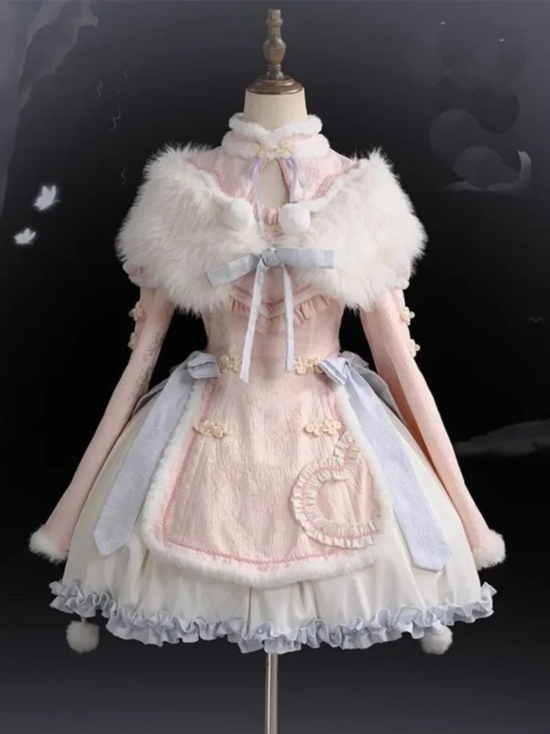 2026 New Year's White Shawl Fur Collar Cheongsam Pink Heavy Industry Contrasting Color Dresses Female Chinese Style Lolita