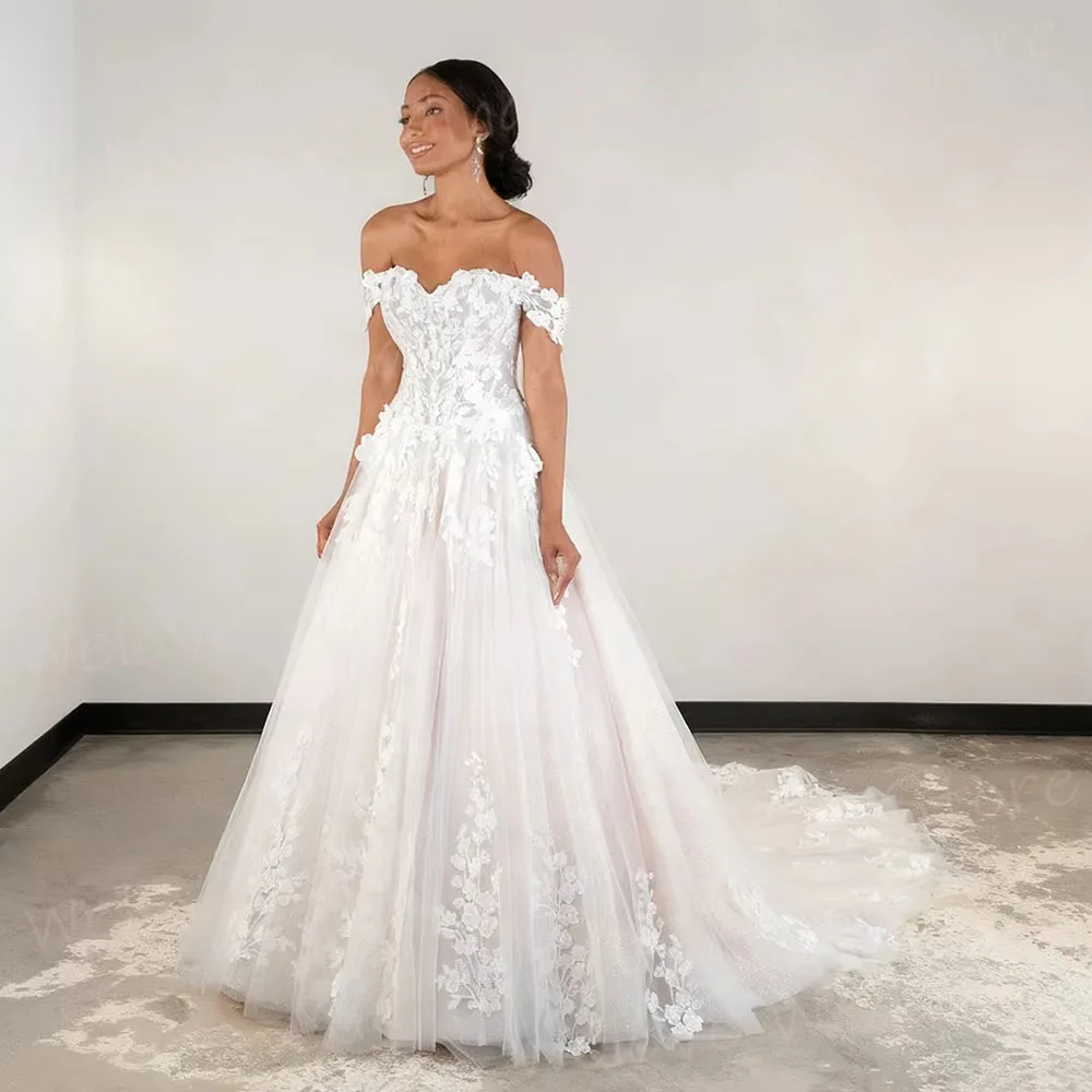 Lindo uma linha de renda feminina apliques vestidos de casamento robe de mariée personalizado fora do ombro vestidos de noiva novia