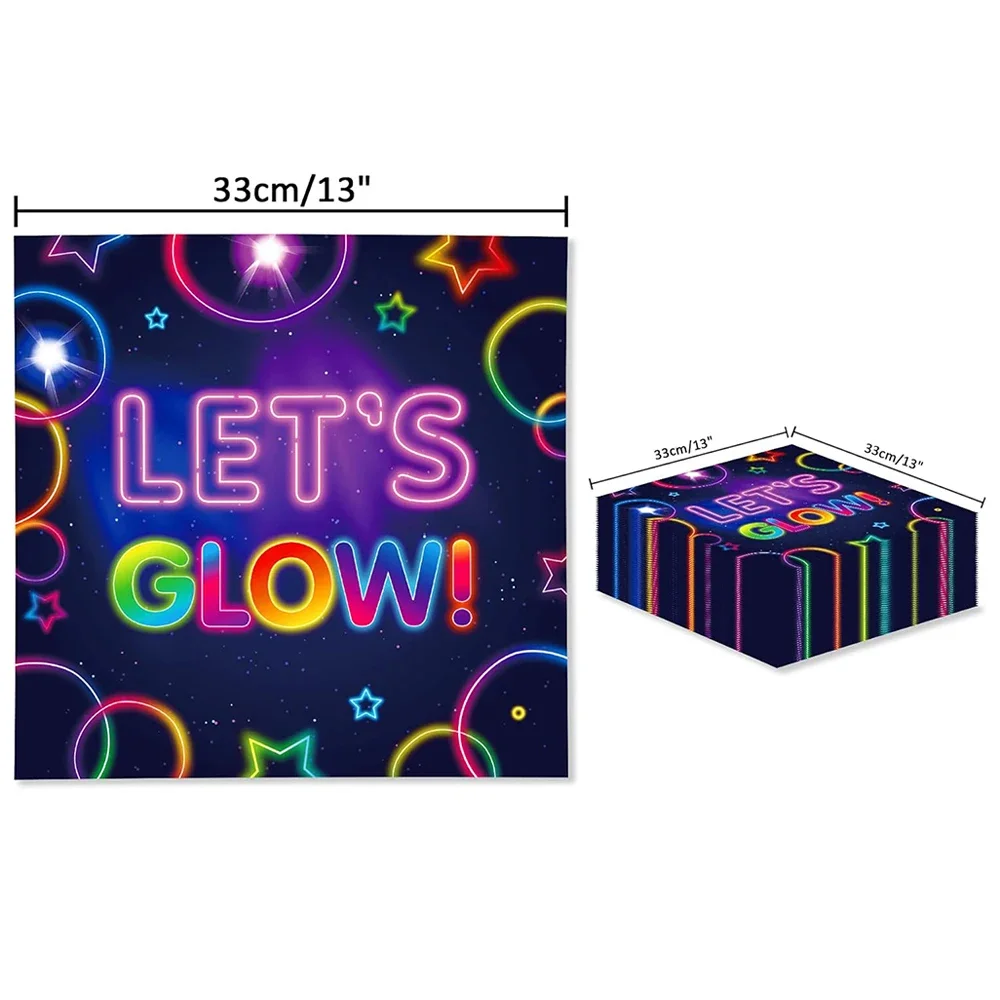 20PCS Glow Party Napkins Neon Pattern Paper Napkins Lets Glow In The Dark Birthday Wedding Night Club Decor Disposable Supplies