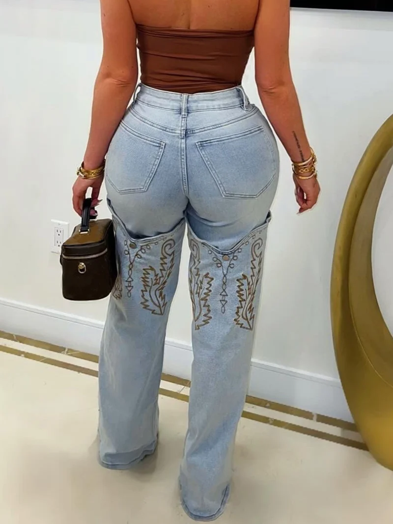 Streetwear Embroidery Denim Pants Autumn Clothing Women High Waist Straight Jeans Female Casual Jean Pants Basic Denim Trousers