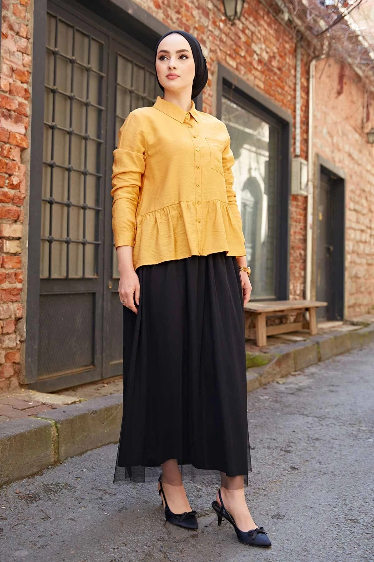 Front Pockets Short Shirt E-Mustard Winter Autumn 2021 Muslim Women Hijab headscarf islamic Turkey