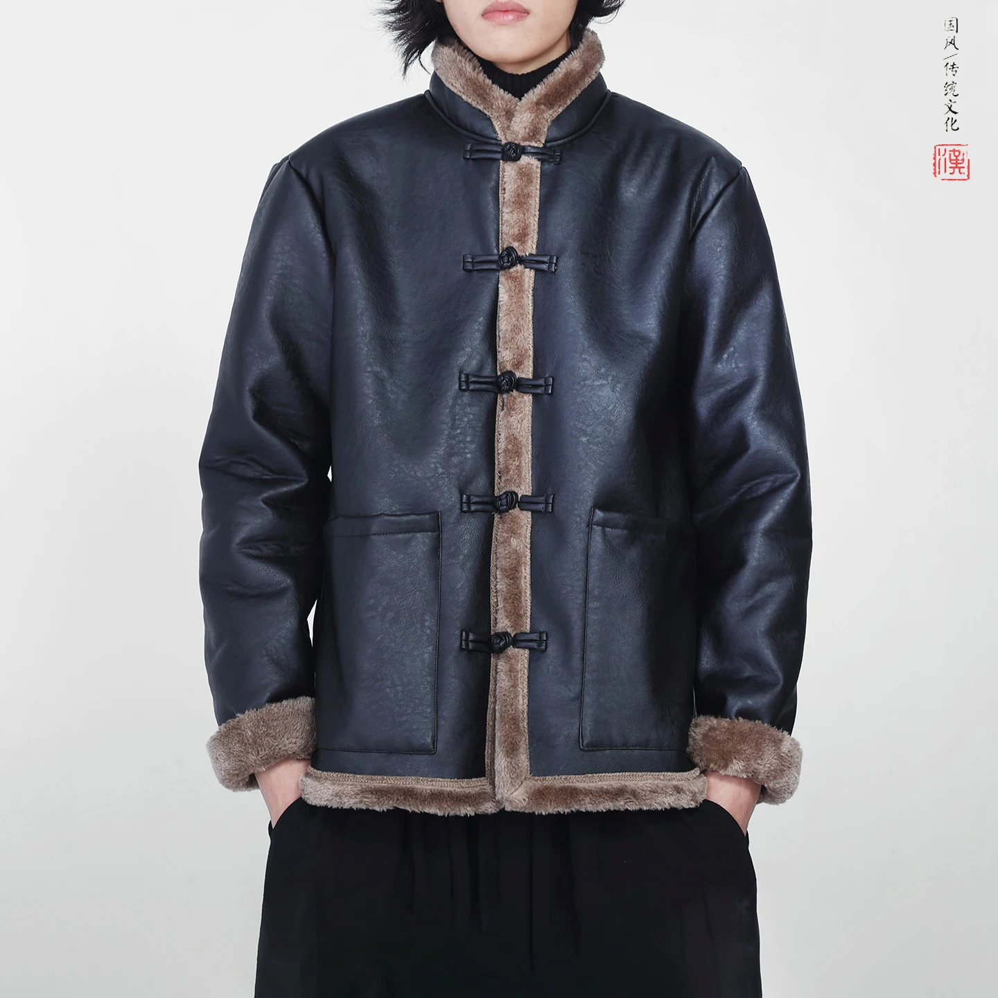 Winter Men Fleece Jacket Coat Men Stand Collar Button Coat Lapel Long Sleeve Padded Faxu Leather Vintage Men Warm Coat