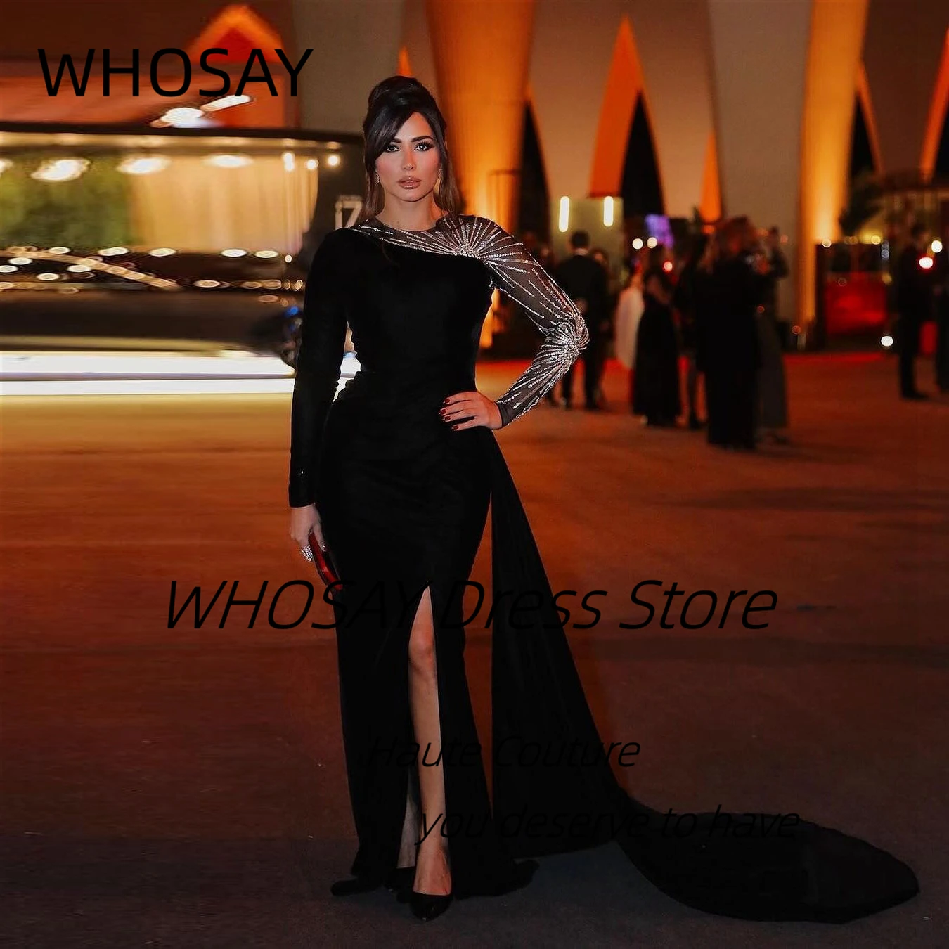 WHOSAY Celebrity Women Wear Black Velour Dresses O-Neck Beading Long Sleeves Evening Party Dress Side Slit Mermaid Prom Gowns