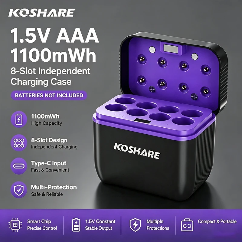 KOSHARE 1,5-V-Lithium-Batterieladegerät mit USB-Typ-C-Anschluss, LED-Anzeige, unabhängiges schnelles Laden für AAA 1100 mWh Li-Ionen-Batterien