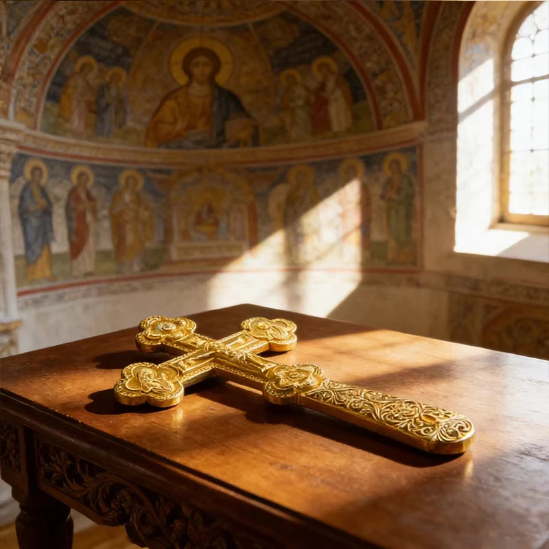 HTISOK Neues Elegantes Goldfarbenes Orthodoxes Handkreuz mit Blumengravuren für Gottesdienste und Persönlichen Spirituellen Schutz – Detail 13