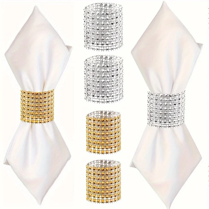 10pcs Elegant Rhinestone Napkin Buckle, Golden Shiny Napkin Ring, for Dining Table Decoration