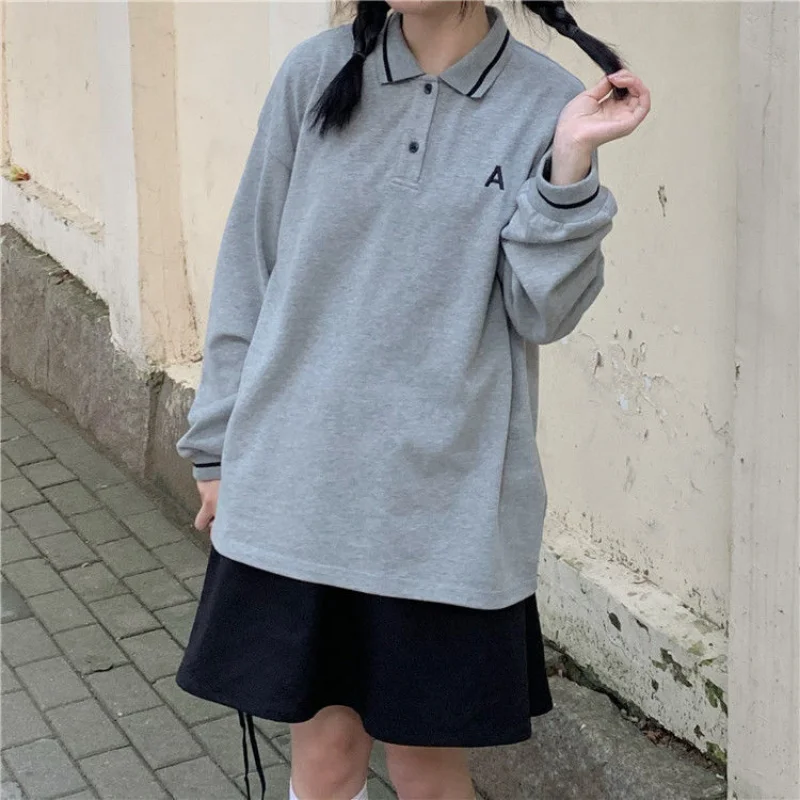 Harajuku Gray Sweatshirt Polo Collar Women Preppy Fashion Oversize Long Sleeve Hoodie Female Basic Tshirts Japanese