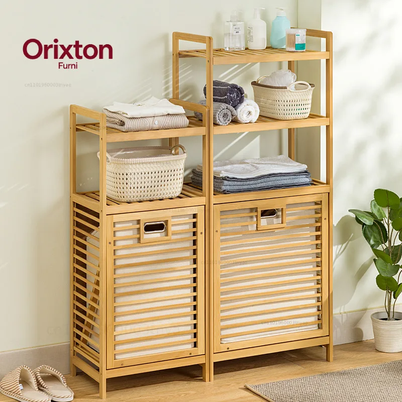 Multi-function 3/4 Tier Bathroom Racks Laundry Hamper Dirty Clothes Storage Basket Side Rack with Shelf Bamboo Storage Hamper