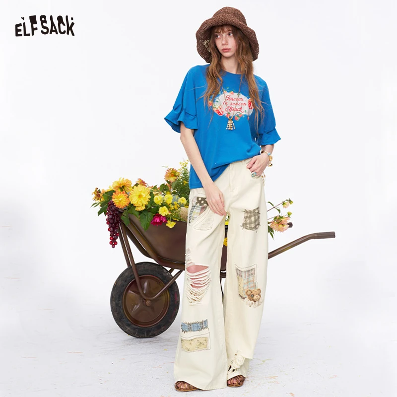 

Женские широкие брюки ELFSACK с милым лоскутным узором и потертостями, свободные брюки с высокой талией для повседневной уличной моды