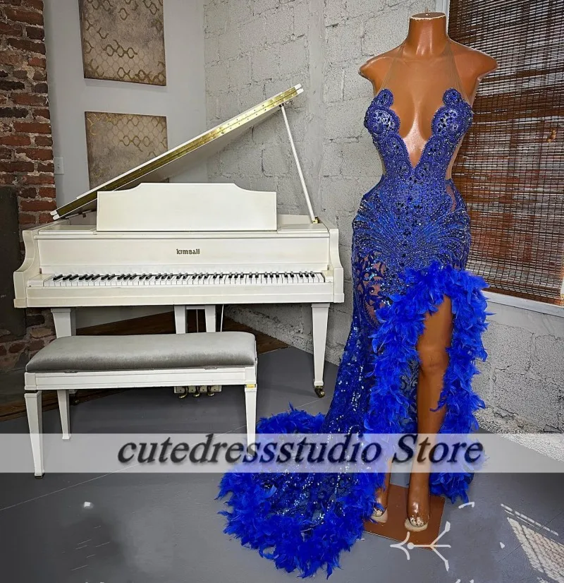 Luxury Crystal Royal Blue Prom Dresses Black Girl 2025 Party Gown Sequin Split Evening Dress vestidos de graduación Customized image 3
