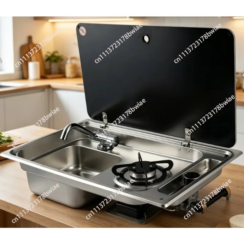 Stainless Steel Single Burner Gas Stove With Integrated Sink, Compact Kitchen Equipment Specially For RV, Caravan, Motorhome