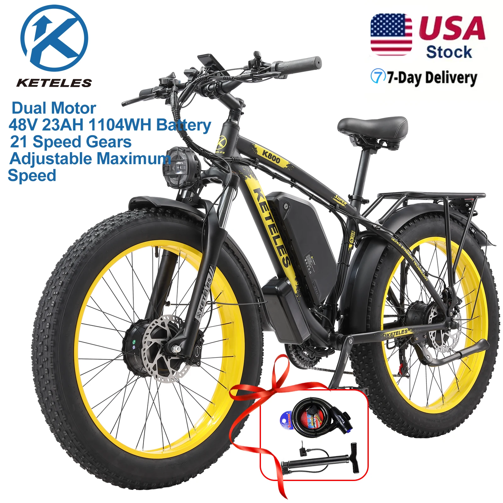 KETELES 26'' Adult Electric Bicycle 4000W Dual Motor 21-Speed E-Scooter 48V 23AH Removable Lithium Battery Brushless Motor 32mph up to 70 Miles Full Aluminum Frame Ebike image 2