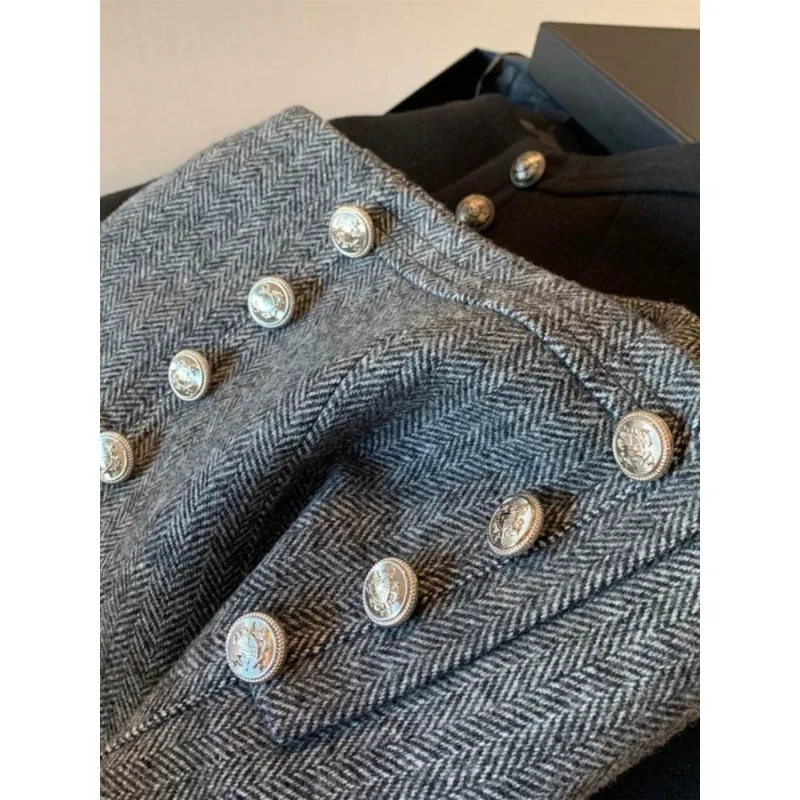 شورت نسائي عتيق من الصوف المتعرج عالي الخصر على شكل حرف a للتخسيس مزدوج الصدر خارج جودة عالية مستوى المظهر العالي #4