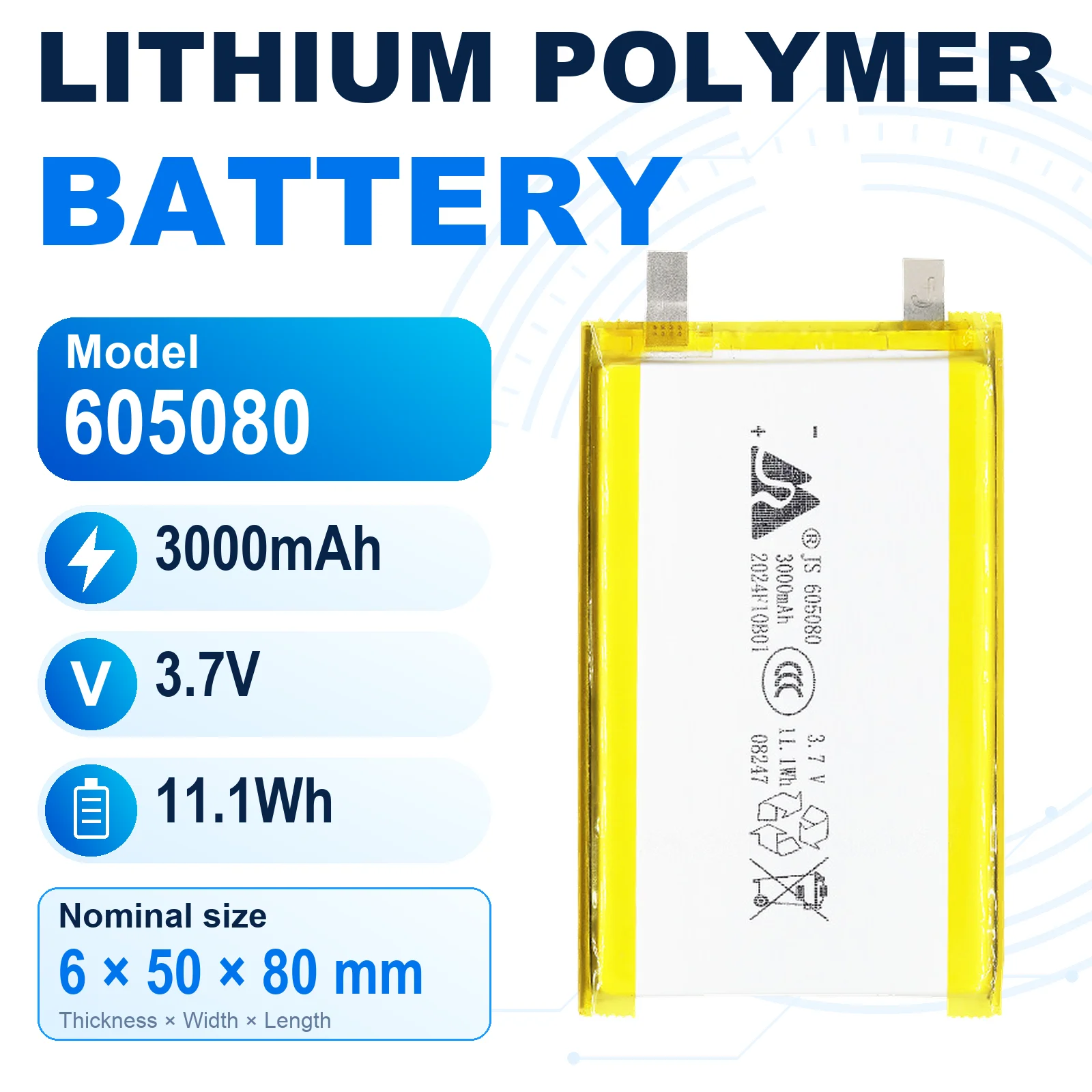 605080 3.7V 3000mAh Rechargeable LiPo Battery 6x50x80mm Lithium Polymer Pouch Cell with Flat Metal Tabs