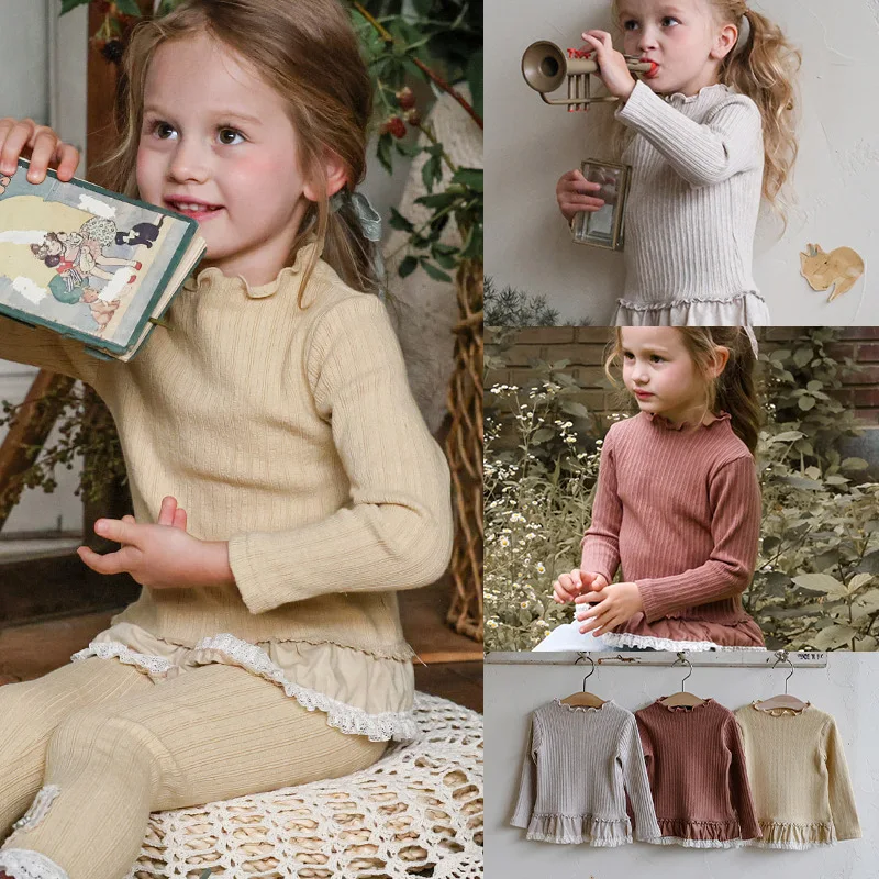 Girls Bottom Shirt 2026 Fall New Fashion Thickened Warm Lace Trim Kids Long Sleeve T-Shirt Cotton High Elastic Tight Underwear