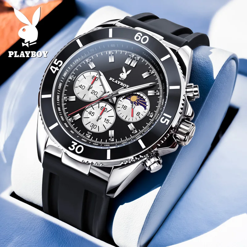 

PLAYBOY 3512 Хронограф, многофункциональные кварцевые часы, водонепроницаемые, спортивные, повседневные, светящиеся, с фазами Луны, на силиконовом ремешке