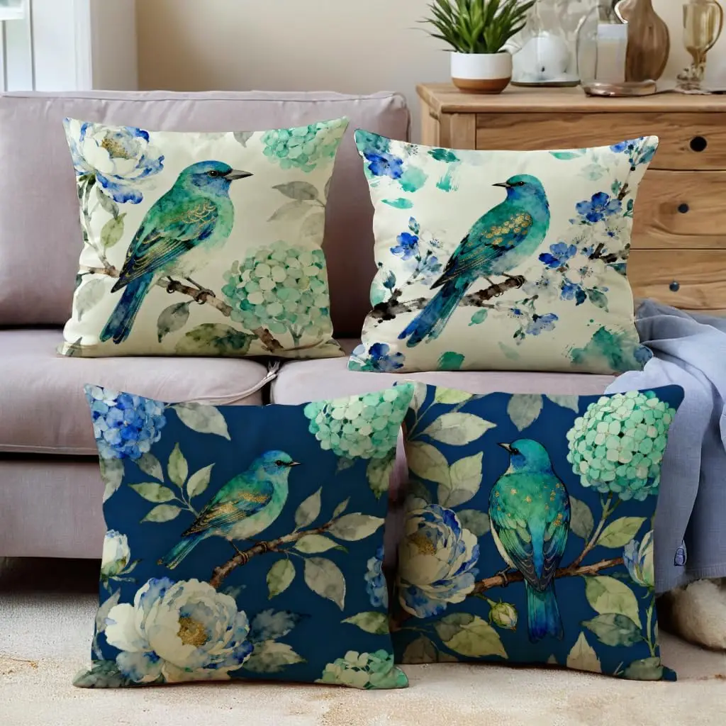 4Pcs Outdoor Botanical Throw Pillow Covers with Teal Bird and Hydrangea Art Cushion Cases for Balcony Patio Garden Home Decor