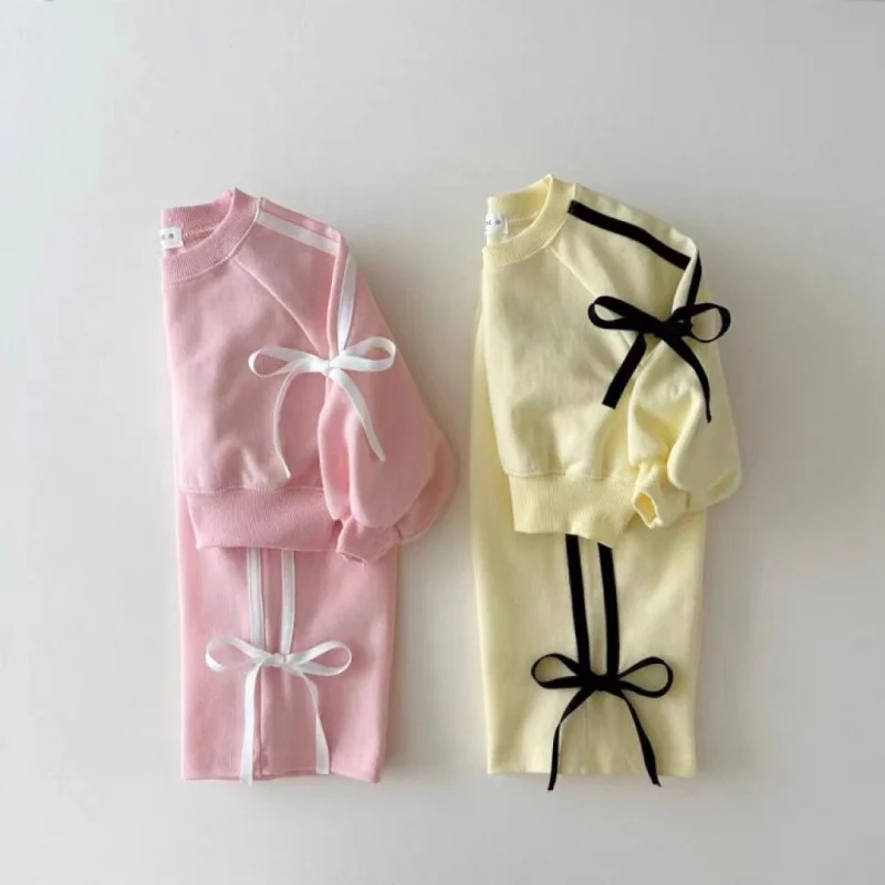 

insSpring and Autumn Long Sleeve Long Pants Sports Children's Clothing Baby Girl Bow Knitted Sweatshirt Stylish Two-Piece Set