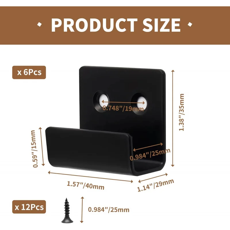 6 stuks wandmontage tegeldisplaybeugels haken, 25 mm binnenbreedte, zwaar staal, zwart