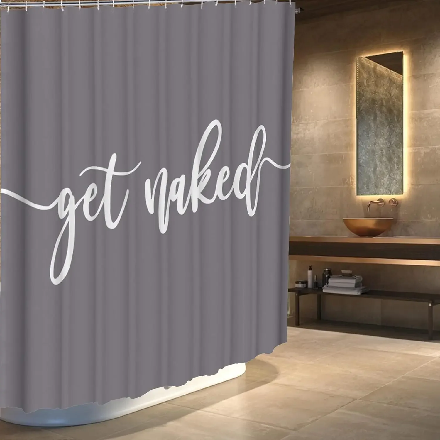 Shower Curtain Funny Cute Get Naked Fashionable Grey Background White Words Machine Washable Fabric Bathroom Decor Set with