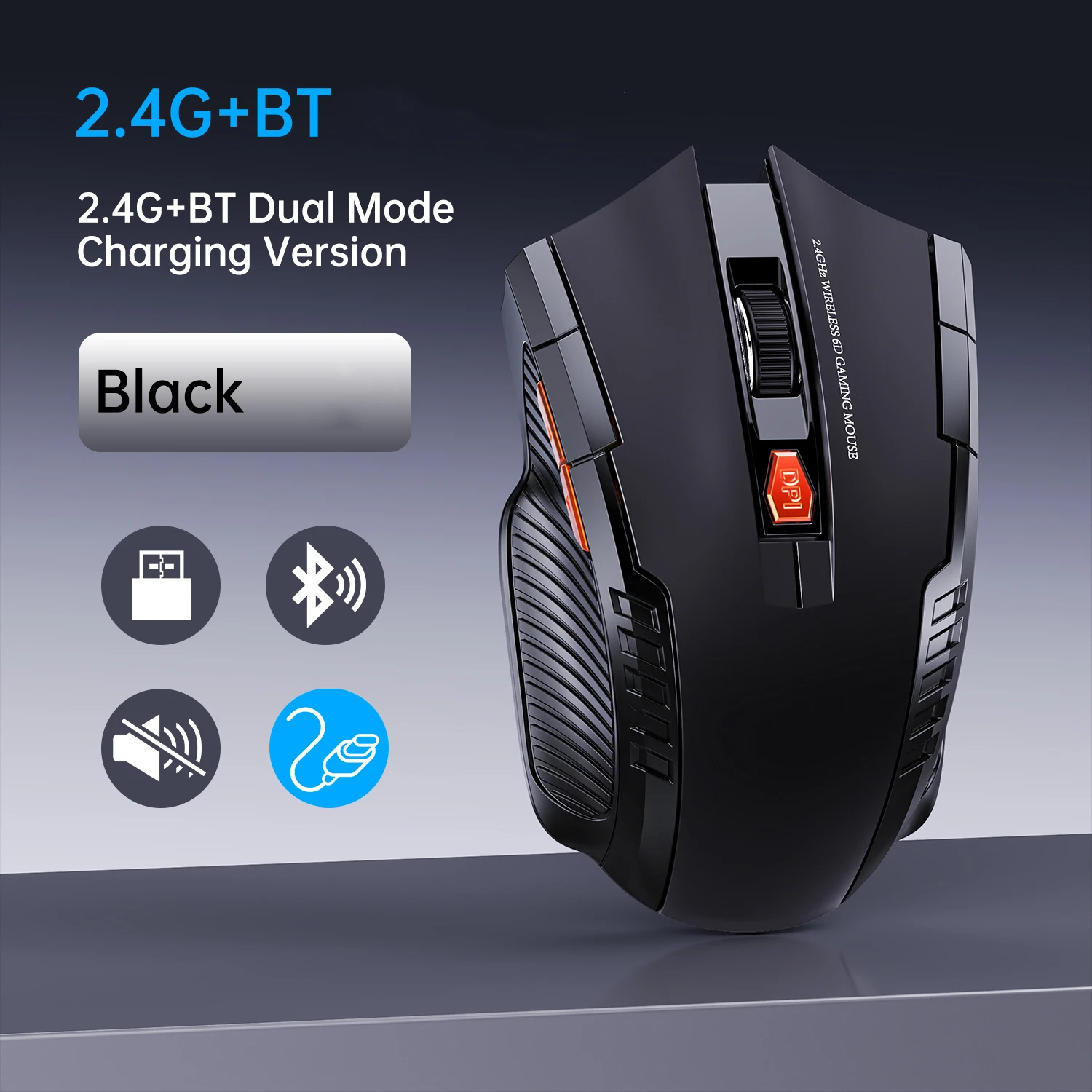 Mouse Gamer Sem Fio Silencioso Dual Mode BT&2.4G, Ergonômico com 6 Botões, DPI Ajustável, Recarregável para PC e Notebook