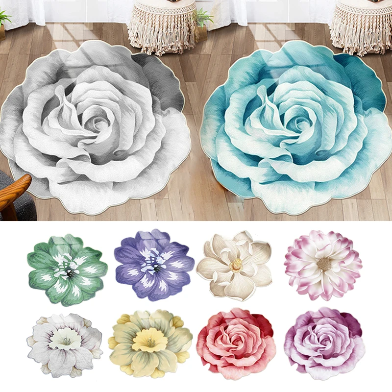 Flower Shape Carpet Soft Round Kitchen Floor Mat Peony Art Rug Living Room Bedroom Bedside Carpet Anti-slip Hallway Door Mat