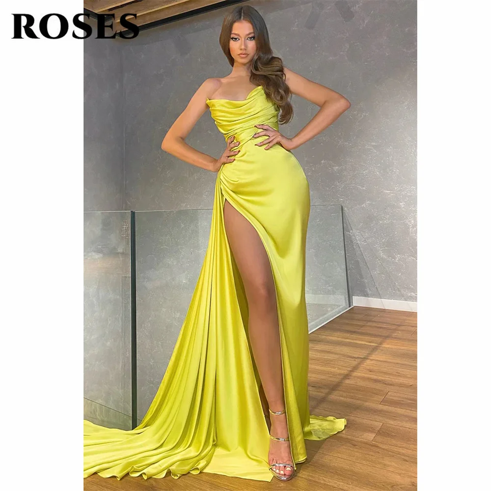 ROSES Gold Prom Dress Strapless Pleated Evening Dress Sexy Mermaid Satin Party Dress Sexy High Side Split Vestidos De Noche