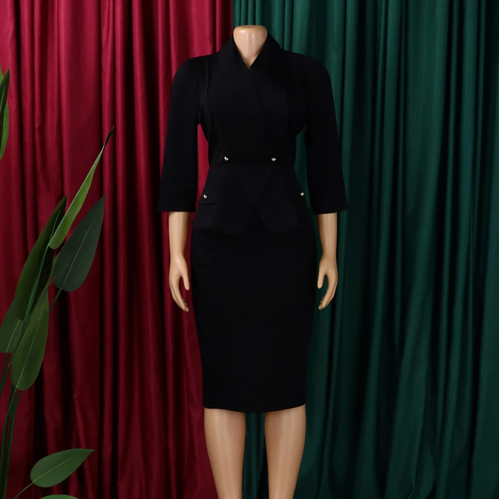 Großer Kragen 3/4 Ärmel Tailliertes Büro-Damenkleid Schönes Modisches Elegantes Afrikanisches Midi-Karrierekleid für Damenmode – Detail 11
