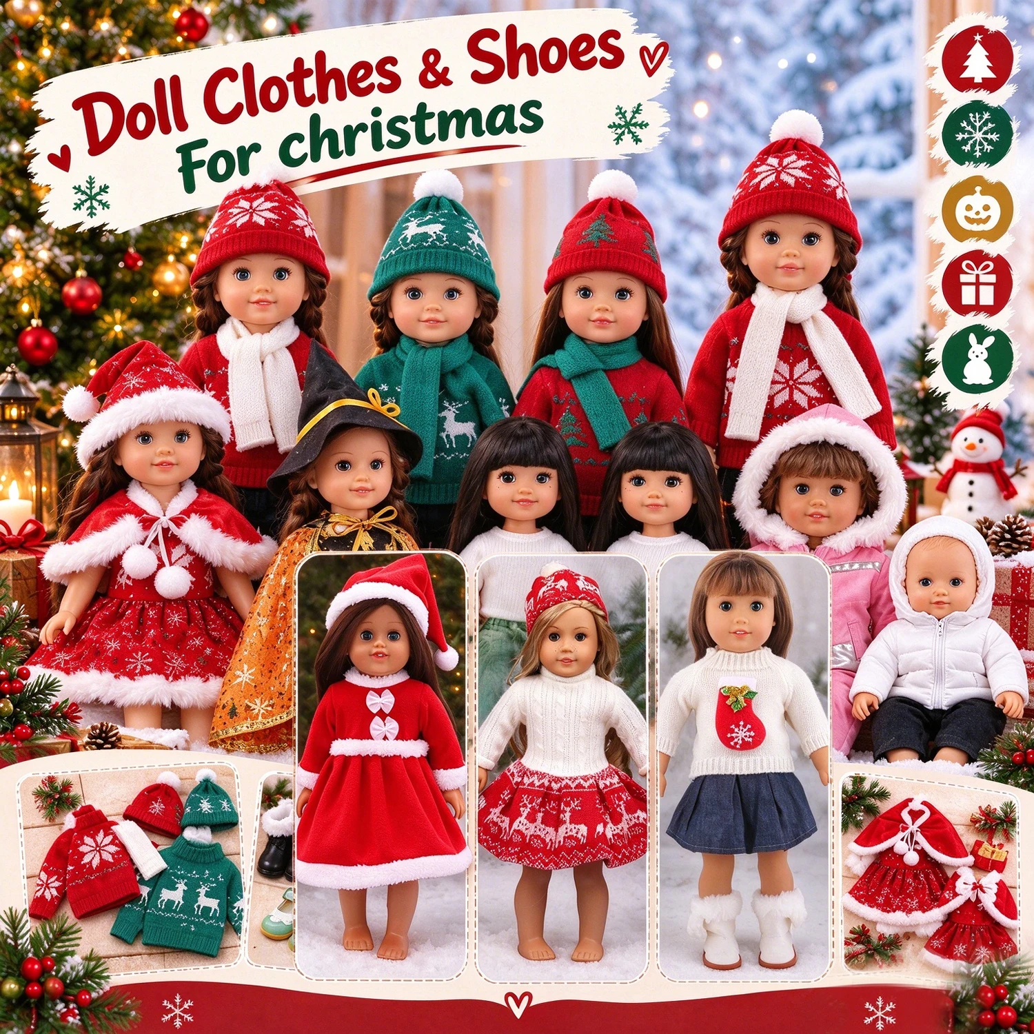 18" American Doll Clothes+Shoes Set Christmas Outfit Dress Sweater Pants Skirt Hat Accessories for 43cm Baby Newborn Girl Dolls