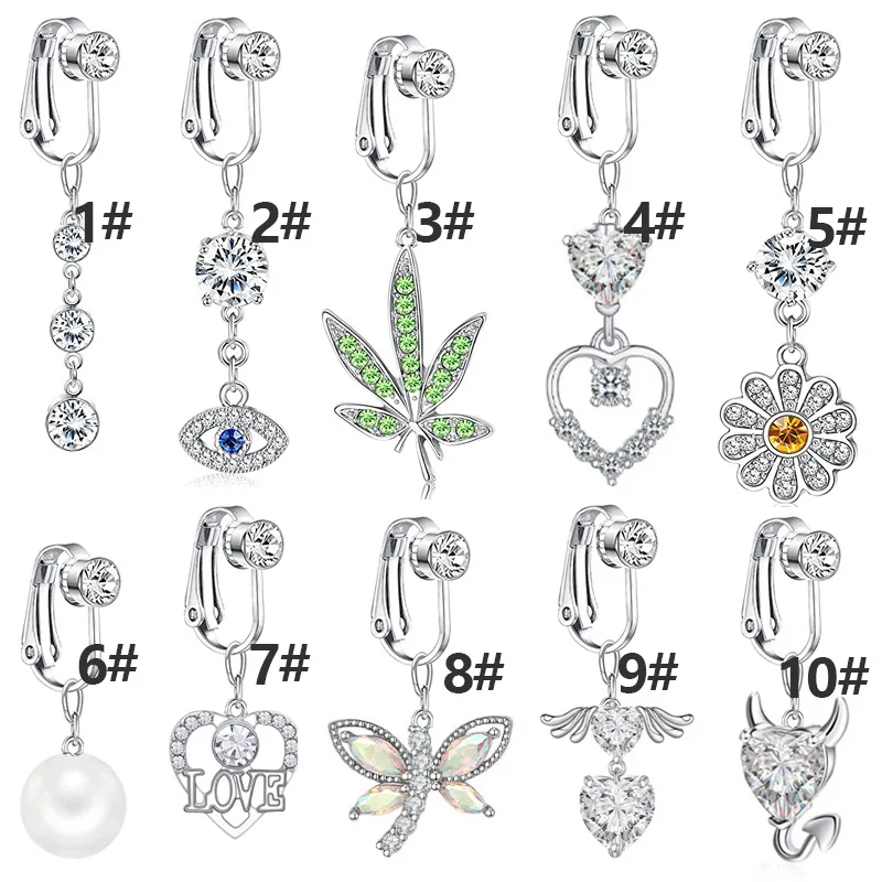 Faux Fake Belly Piercing Butterfly Leaves Dangling Long Fake Belly Button Pircing Clip On Umbilical Navel Cartilage Earring Clip