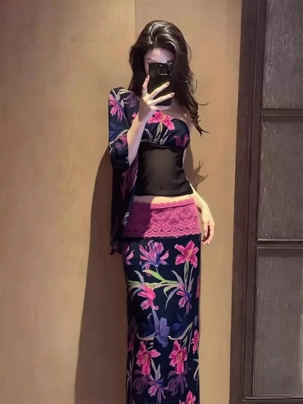 

Mint Peach Aesthetic Early East Asia Sle Floral Print Velvet Long Sve Slim Fit f Skirt Set Sexy oulder Baring Top