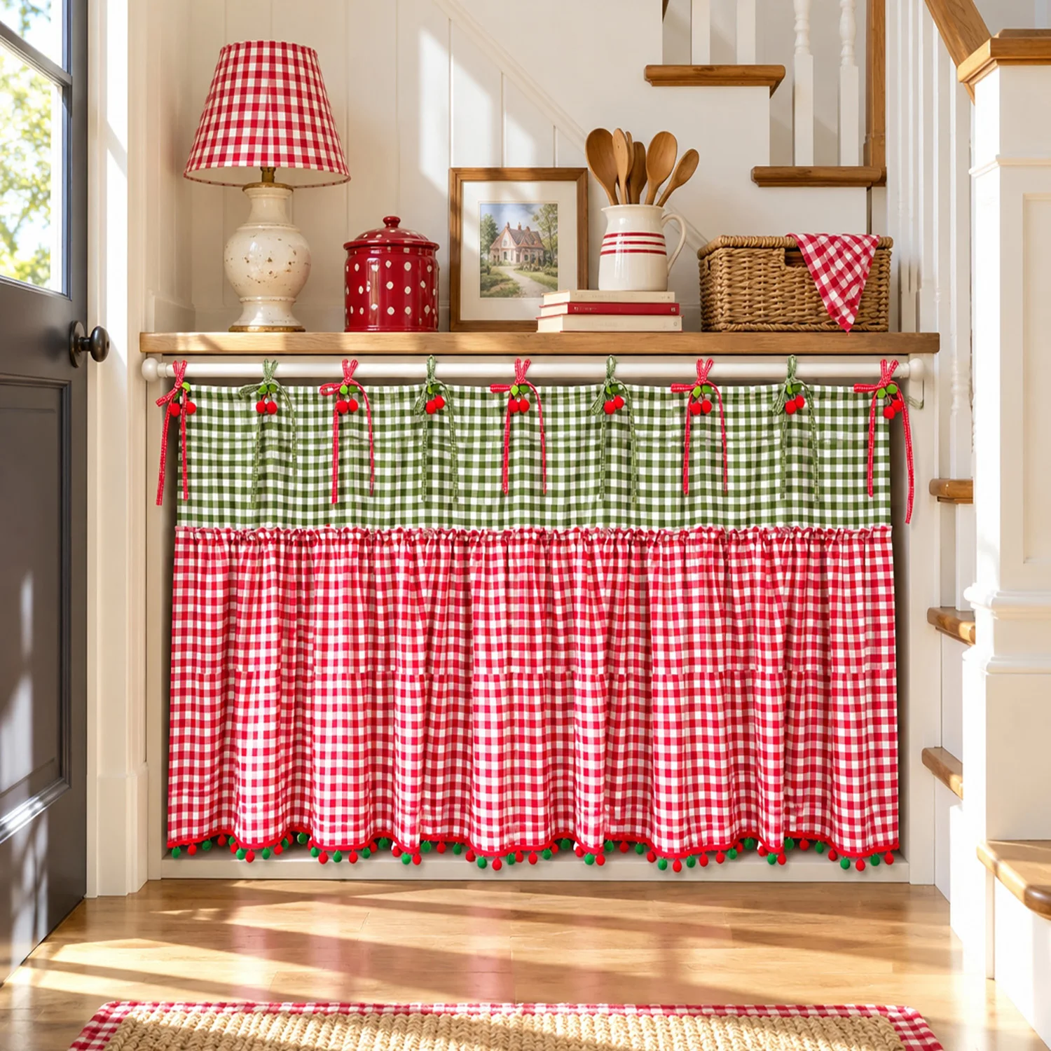1pc Pastoral Green Lattice Stitching Red Short Curtain, Cherry Ribbon Decoration, Oven Curtain for Kitchen, Cabinet, Coffee