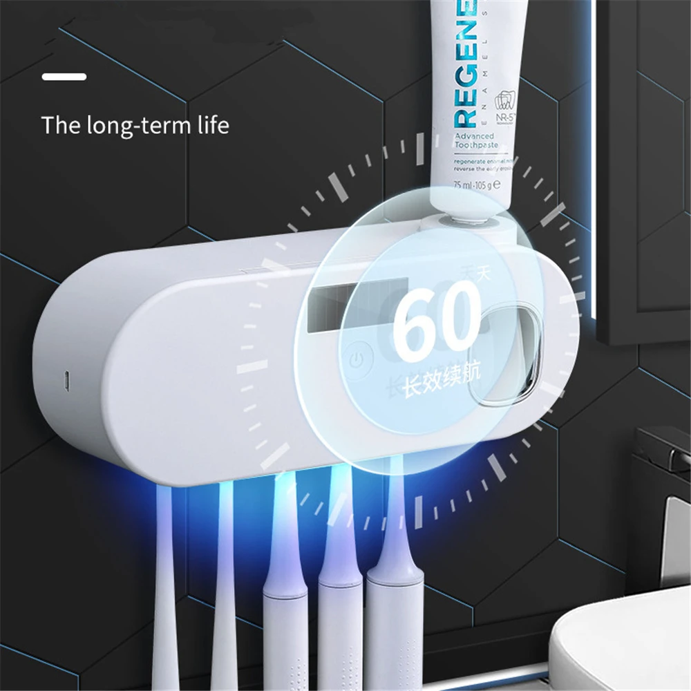 Porte-brosse à dents UV à énergie solaire, distributeur de dentifrice, boîte de rangement pour brosse à dents, support de rangement multifonction, charge USB