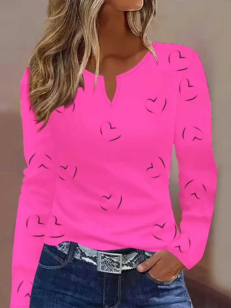 Small V-notch collar long sleeved T-shirt for women, loose and comfortable fit, daily casual versatile pullover top