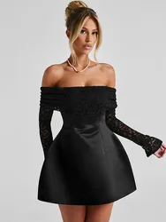 Lace Patchwork Sexy Off Shoulder Mini Dress Women Autumn Winter Long Sleeve Elegant A-Line Backless Slim Vestido Party Gown