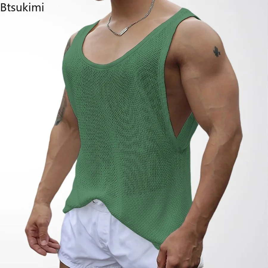 New 2026 Men's Summer Knitwear Vests Fashion O-neck Sleeveless Knitted Tops Men Casual Loose Hollow Out Tank Tops Men's Clothing