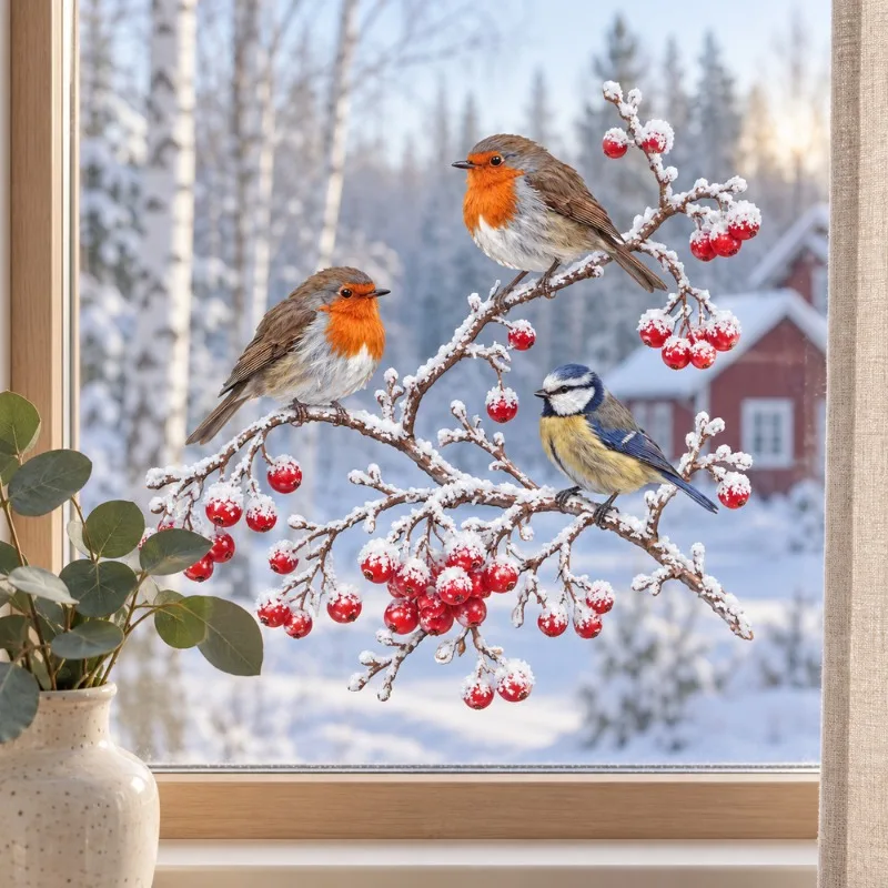 Christmas Static Window Clings Robin Bird Red Berry Bare Twigs Snow Covered Berries Bird Window Holiday Decor Stickers