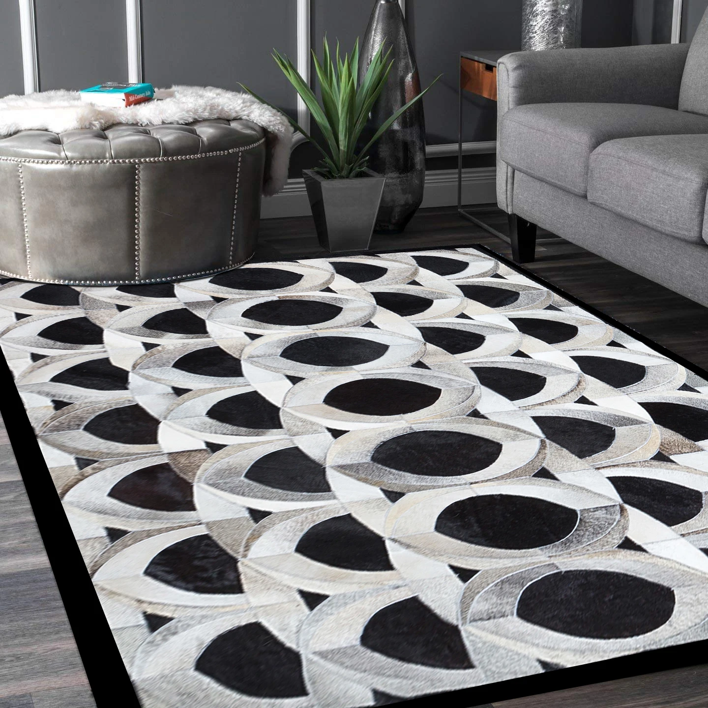 3D Unique Cowhide Rug Natural Grey And Black Cow Leather Carpet CR-32