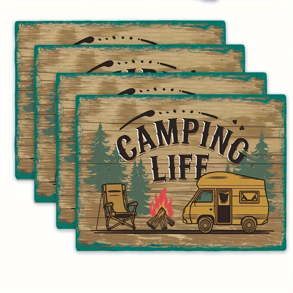 Vintage Camping Life RV Printed Placemats Rustic Wooden Table Decor Outdoor Picnic Counter Display Wilderness Dining Table Gift
