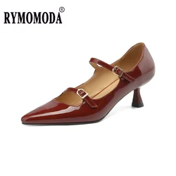 Mid Heel High Quality Women Shoes 2026 Patent Leather Upper Pigskin Lining Cowhide Insole Handmade OL Gift Shoes Big Size 42 43