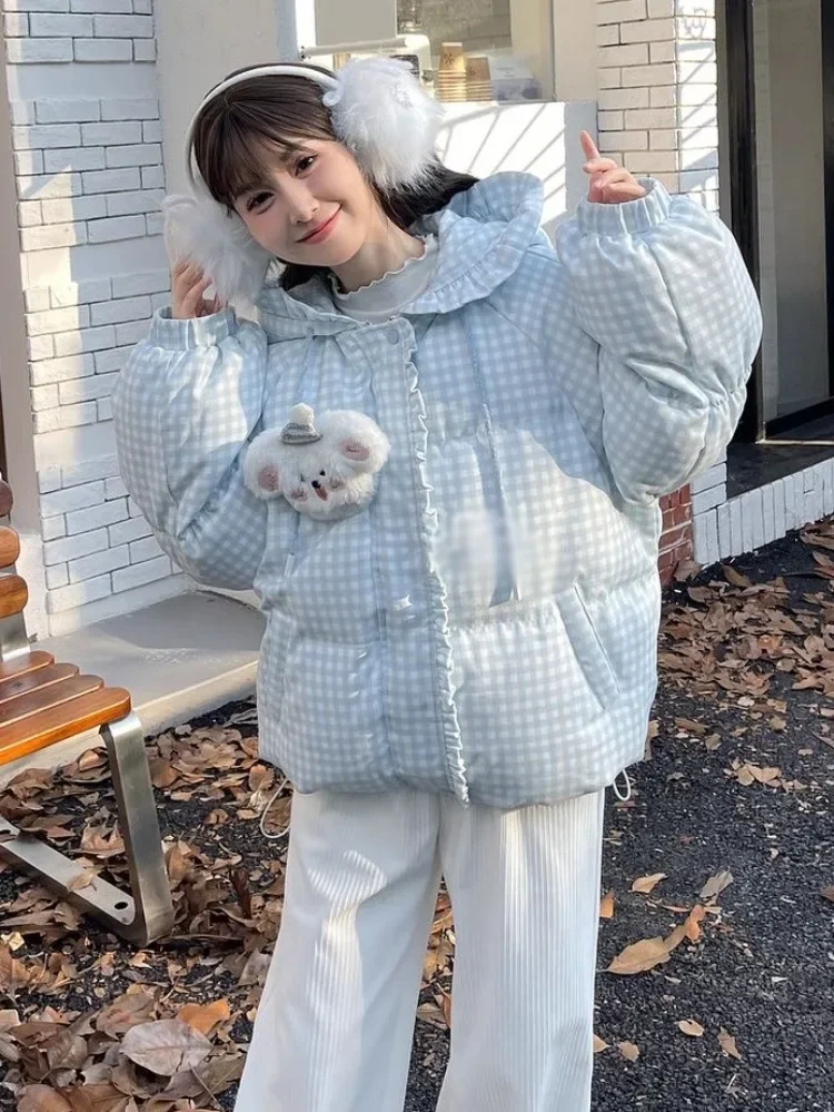 Mori Girl Style Lolita Sweet Women Parkas Quilted Coats Thicken Winter Puffer Jacket Sky Blue Plaid Cute Dog Ruffled Edge Hooded