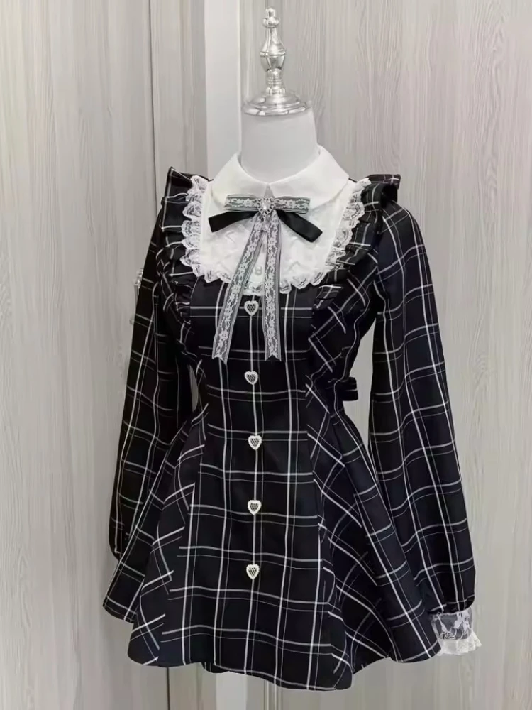 

Y2K Punk Lolita Mini Dress Set, Japanese Gothic Bow & Shorts Co-ord, Lace Trim Flare Sleeve Party Dress with Buttons