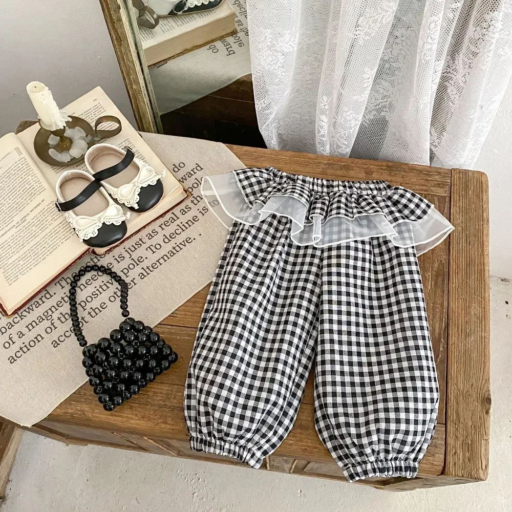 

New Baby Girl Pant 0-3Years Newborn Kids Elastic Waist Mesh Skirted Plaid Jogger Loose Trouser Outfits Summer Clothes