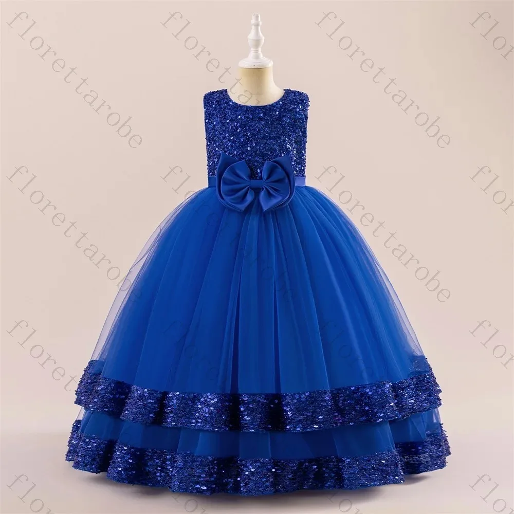 Customized Elegant Kids Wedding Birthday Bridesmaids Gown Flower Girl Dress Party Flower Pageant Large Bow Glitter Prom Gown