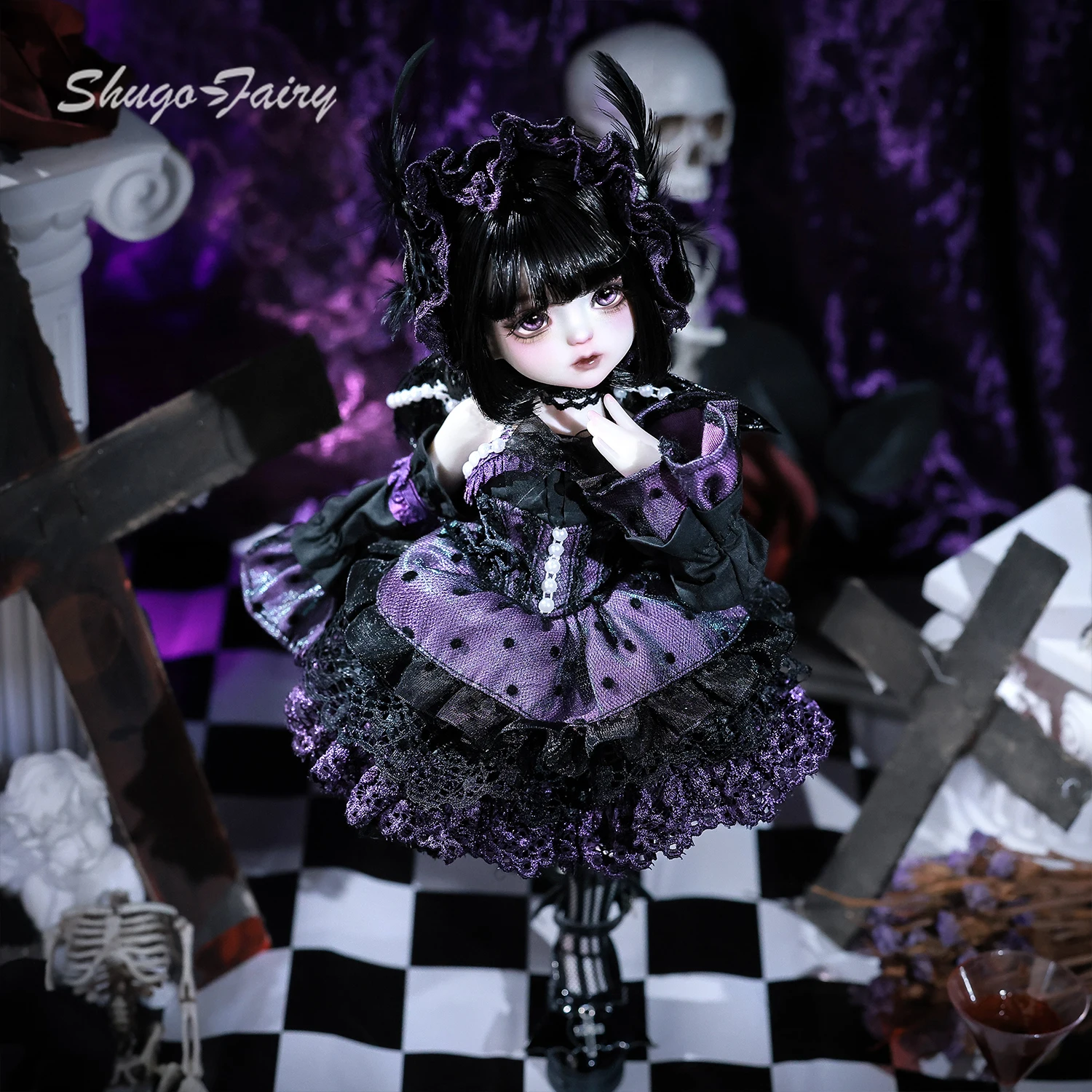 ShugaFairy 1/6 BJD Doll Edith Set Completo Nero e Viola Piccolo Demone con Articolazioni a Teschio e Vestito, Statuetta Anime in Resina di Alta Qualità