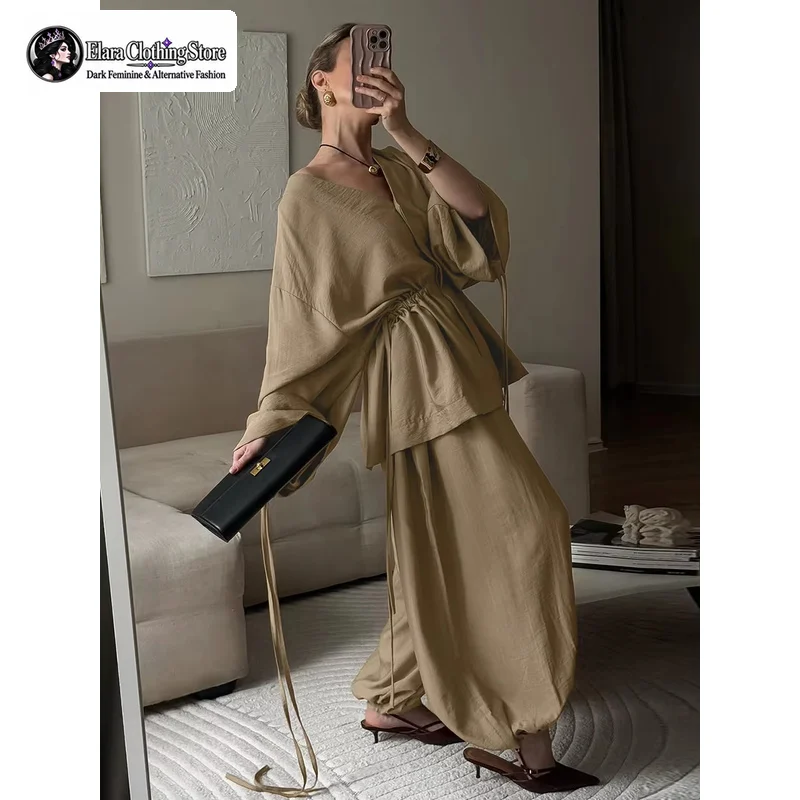 Elara 2026 New Women’s Ruched V-Neck Long-Sleeve Top and Pants Set, Fashionable Loose Blouse with High-Waist Wide-Leg Trousers